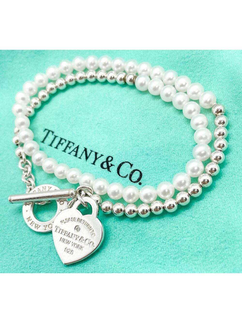 Tiffany & Co. Return to Tiffany Diamond Hearts Pearl Wrap Bead Bracelet Medium